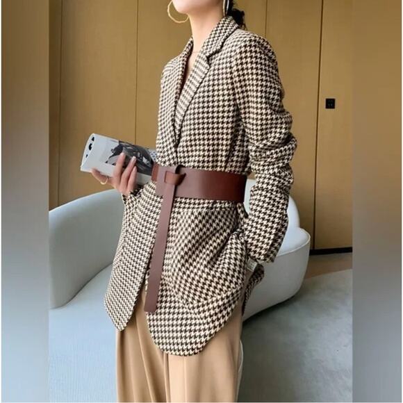 Commense Brown Cream Oversized Houndstooth Blazer Size M Preppy Academia Classic - Picture 16 of 16